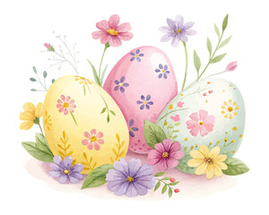 Watercolor Easter Eggs Decorated with Spring Flowers