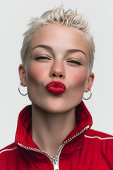 
Close-up portrait of a woman in a red zip-up jacket, short slicked-back blonde hair, bold red lipstick, neutral facial expression with her eyes rolled up and mouth slightly open, quirky exaggerated 