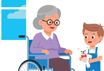 Elderly woman in wheelchair with young boy holding toy teddy bear in bright room vector illustration