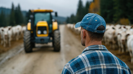 Obraz premium Cow farm, Tractor driving past cows on a farm road in a rural setting.
