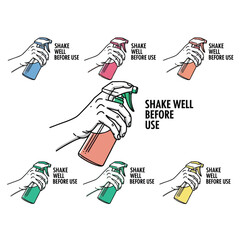 Illustration of hands holding colorful spray bottles with 'SHAKE WELL BEFORE USE' instructions for various products.