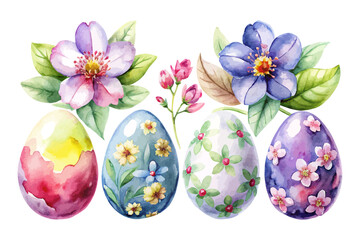 Watercolor Easter Eggs Decorated with Spring Flowers
