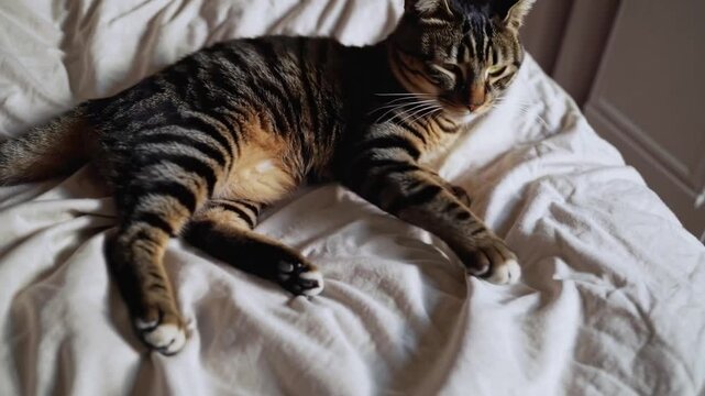 Contented striped feline resting comfortably on bed