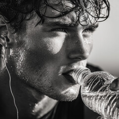 A white young athletic man drinking water. Editorial style, sharp focus on her, premium lifestyle photography.

