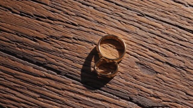 Overhead detailed shot of pair of golden matrimonial bands placed on surface of timber