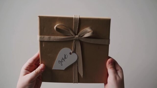 child's hands holding gift box mockup with ribbon bow and heart card tag, using brown kraft paper packaging in flat lay style for donation concept