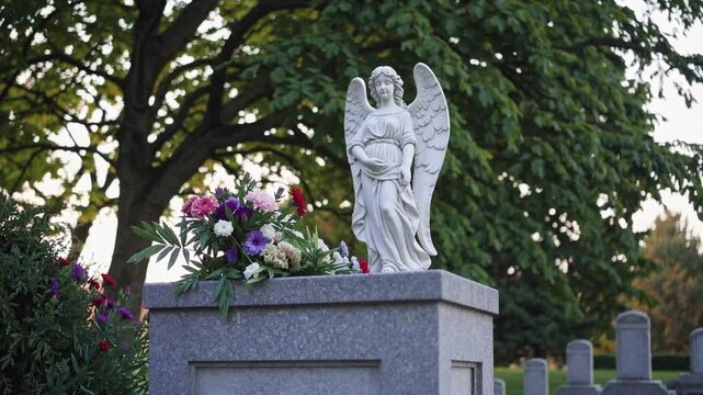 Beauty found in cemetery, depicted by white angelic figure statue on gravestone, representing enduring love and affection beyond death