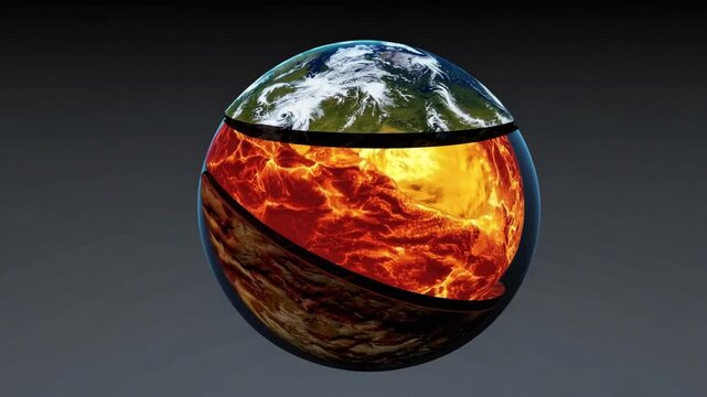 Three-dimensional cross-sectional visualization of the Earth's internal layers including crust, mantle, and core