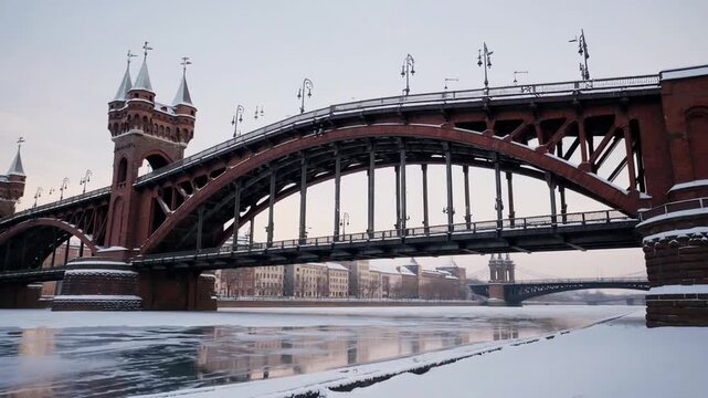 Oberbaum Bridge Spanning the Frozen Spree River Against Winter Sky