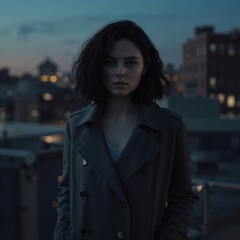 Obraz premium Portrait of a woman in a coat on a city rooftop at dusk