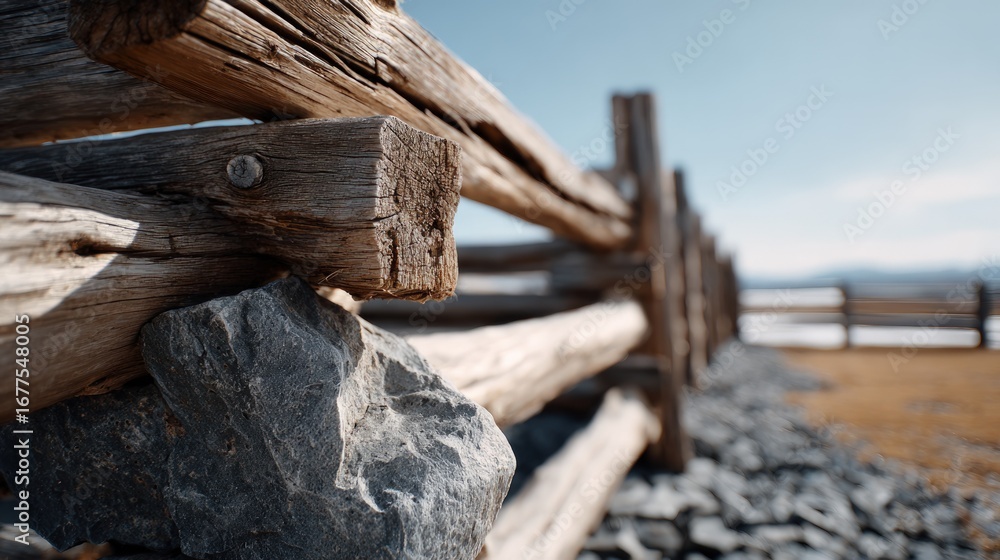 Poster close-up view of weathered wooden fence posts with a gray stone nestled between them, creating a rus