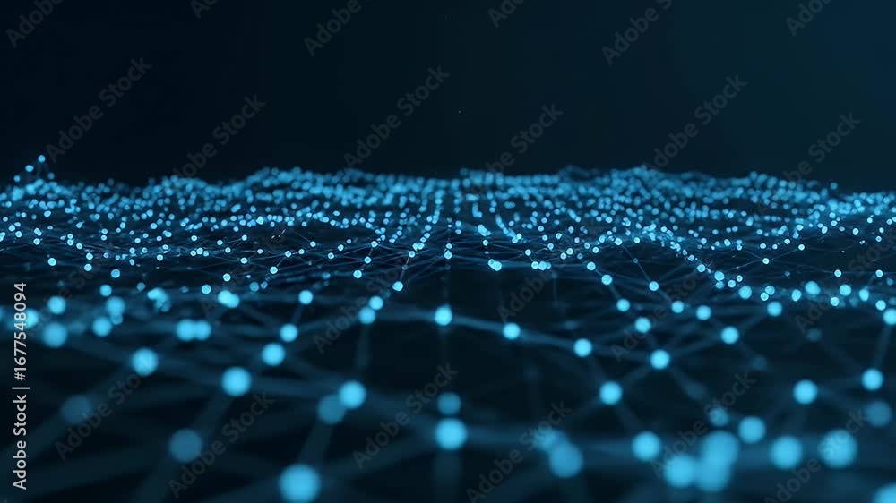 Poster futuristic network wave of glowing blue particles and lines on a dark background with a shallow dept