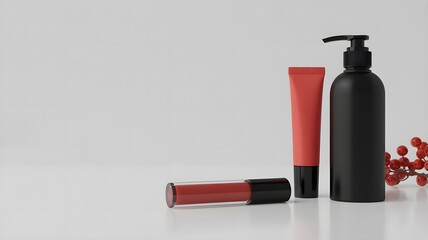 Obraz premium Modern Cosmetic Bottles with Lipstick on Minimal Background