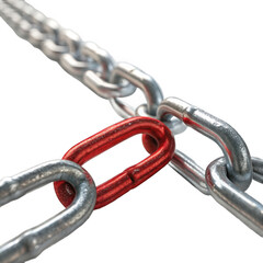 Obraz premium Interconnected metal chains with a single red link isolated on transparent background