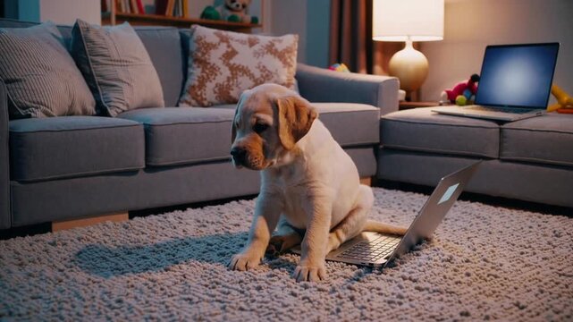 Adorable Labrador retriever breed puppy dog pretending to work on laptop computer at home desk