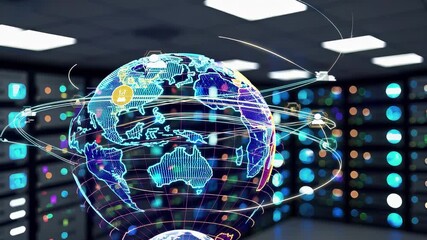 A digital globe with glowing continents and connection lines is displayed in front of server racks in a data center, representing global networking and data communication. - Powered by Adobe