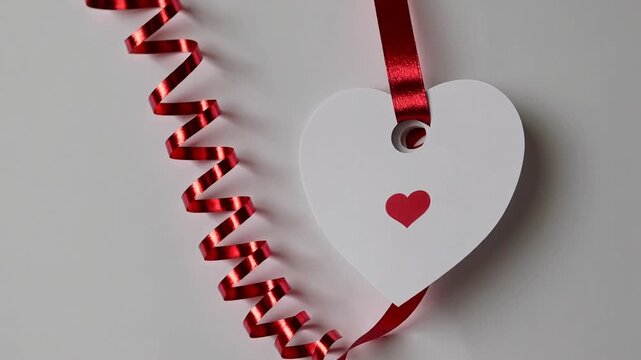 Crimson Looped Ribbon Affixed to Cardiac-Shaped Gift Label on White Surface