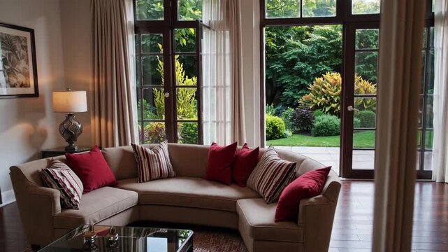 The interior of home living room featuring open back door leading out to patio and yard area, decorated in red and tan colors