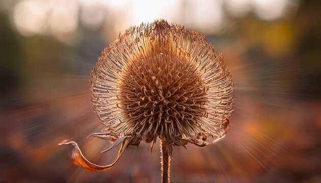 spherical dry stand of a faded flower in autumn with remains of dried leaves and seeds extremely diffuse blurred background ideal as a graphic starting material