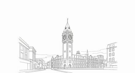 A detailed black and white line drawing showcases a classic European clock tower and surrounding buildings, depicting urban architecture.