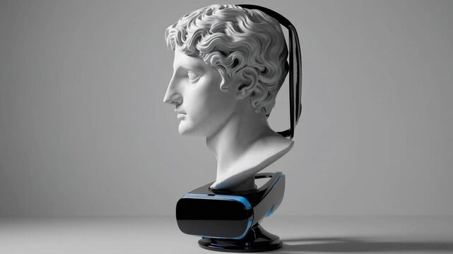 classical sculpture representation of deity from mythology adorned with contemporary virtual reality eyewear