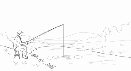 Obraz premium Man sits on a stool fishing with a rod and line in a calm river surrounded by nature and trees.