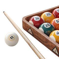 Close up of billiard balls in rack with cue stick and number eleven ball isolated on transparent background