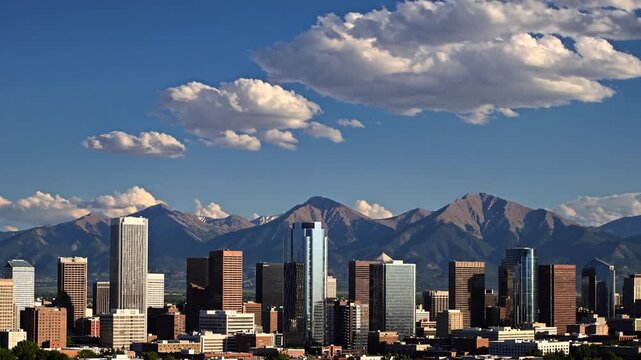 City skyline of major Western city set against the backdrop of famous mountain range during daytime