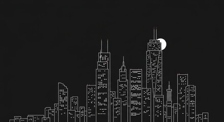 Minimalist white outline of a modern city skyline at night with a glowing full moon