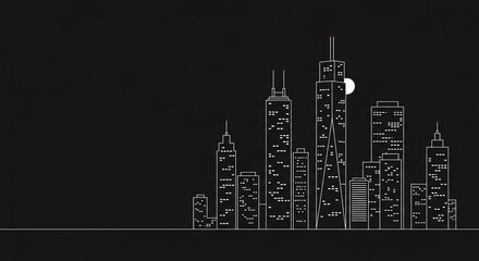 Minimalist white line art skyline of a modern city at night with a crescent moon