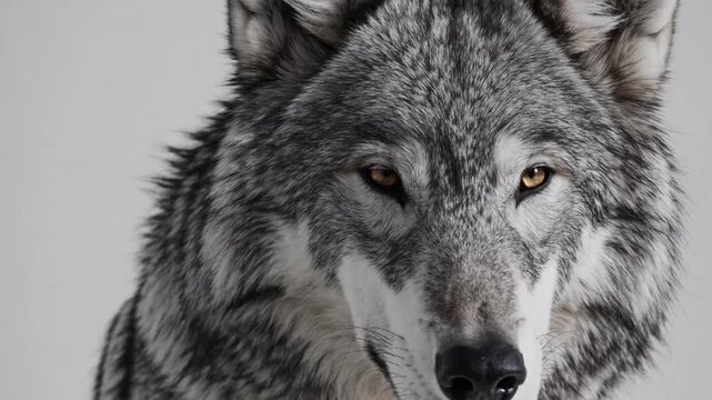 Detailed of engaging canis lupus with intense stare isolated on plain backdrop