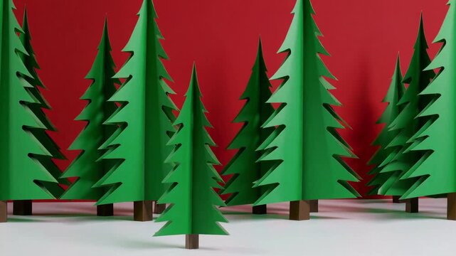 Vibrant Christmas Background Featuring Paper Craft Green Pine Tree Forest on Red Backdrop in Minimalist Modern Aesthetic with Copy Space New Year Scene for Presenting Products and Advertising Text Ca