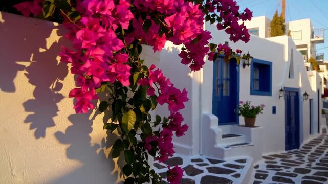 Vivid Pink Bougainvillea Blossoms Adorning the Characteristic White-Painted Alleyways of Greek Island Locale