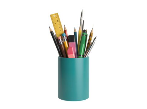 Assortment of art supplies including pencils brushes and ruler in a teal holder on a neutral backdrop transparent background