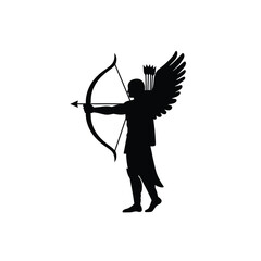 Fototapeta premium Silhouette of a winged archer drawing bow in dynamic pose on a white background. EPS 10.