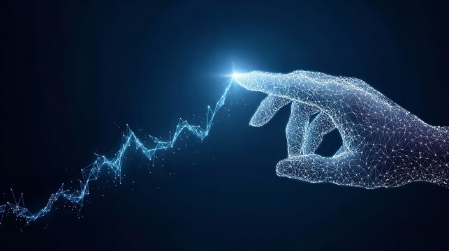An abstract illustration of a hand guiding an upward trending arrow, symbolizing digital growth, progress, business success, and financial improvement.