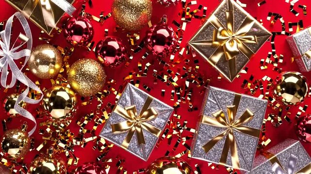 Christmas Decoration Items Including Gift Boxes and Confetti on Colored Background from Top-Down View with Copy Space