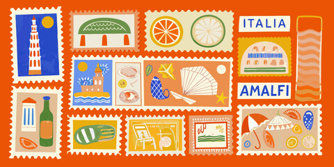 Collection of stylized stamps featuring iconic italian landmarks and amalfi coast motifs with citrus fruits and beach elements