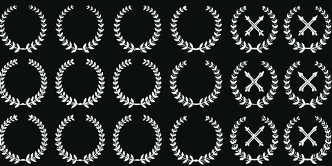 Collection of white laurel wreaths and crossed arrows emblems on a black background