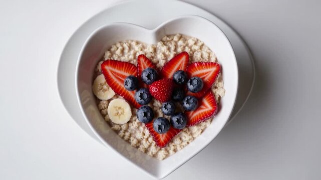 Oat-Based Porridge with Assorted Fruits in Heart-Configured Dish on Pale Backdrop Seen from High Angle. Top Perspective. Nutritious, Fresh, Domestically Prepared Cereal Morning Meal Oat-Based Porridg