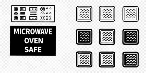 Collection of microwave safe symbols and control panel icons in a hand drawn style