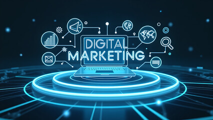 Digital Marketing Concept Illustration with Futuristic Glowing Circular Interface, Light Blue UI Elements, Laptop, Megaphone, World Map, Gears, Modern Technology and Innovation Design