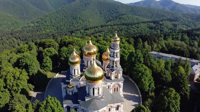 Aerial Drone Footage of the Shipka Memorial Russian Church in the Town of Shipka Bulgaria