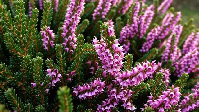 Horizontal frame extreme close-up detail of green foliage and miniature pink blossoms on winter heather plant in garden