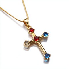 A Beautiful Gold Cross Pendant Adorned with Colorful Gems in Red, Blue, and Clear, Perfect for Fashion and Spiritual Expression