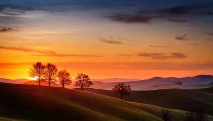 Obraz premium a vibrant sunset over rolling hills with silhouetted trees