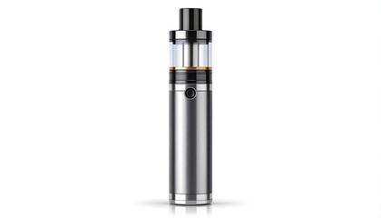 Modern, sleek, and metallic electronic cigarette device stands out against a bright white background.