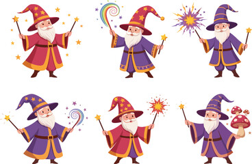 Cartoon wizards with magic wands, fantasy spell casters, colorful costumes, enchanted characters, wizard illustration set, magical power themed design