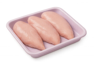 Three raw chicken breast fillets are placed in a pink plastic tray, ready for cooking, isolated on a transparent background