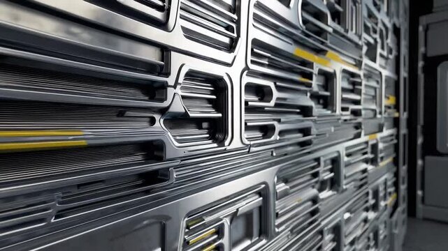 Futuristic wall section featuring metallic channels and smooth center area with slight distress marks